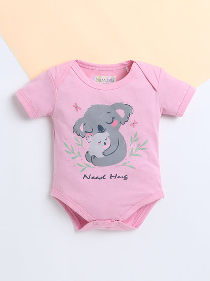 Polka Tots Baby Onesie Newborn Outfit Set – Soft Cotton Koala Need Hug Print Half Sleeves Onesie with Leggings (Pink & Grey)