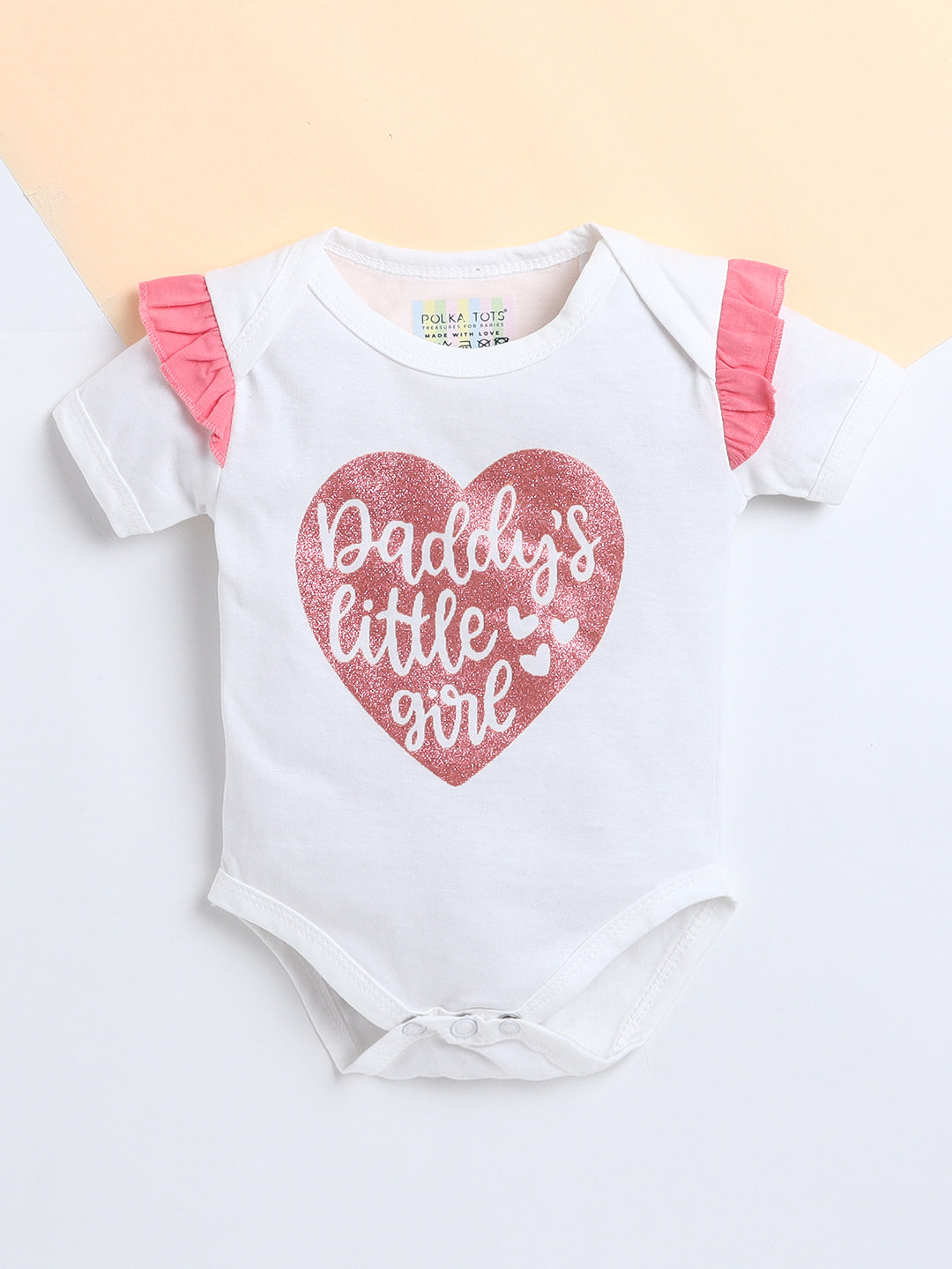 Polka Tots Baby Onesie Newborn Outfit Set – Soft Cotton Daddy's Little Girl Print Ruffle Half Sleeves Onesie with Leggings (White & Pink)