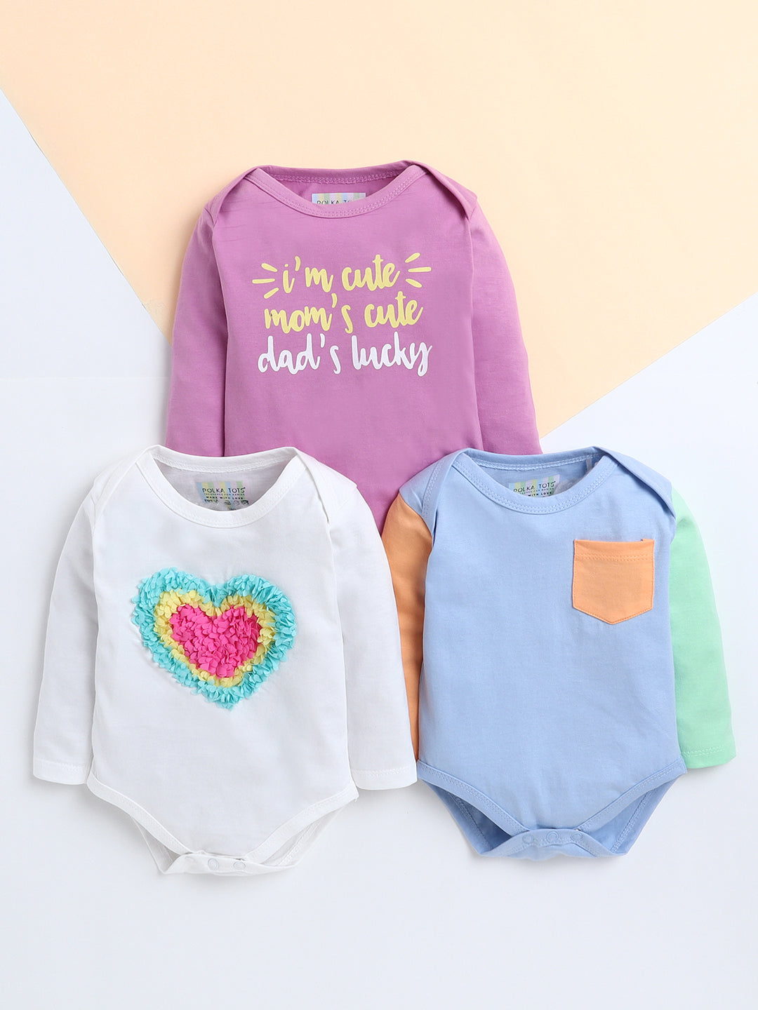 Polka Tots Pack of 3 Soft Cotton Full Sleeves Baby Onesies - Heart Applique, Colorblock Pocket & Cute Quote Prints (Multicolor)