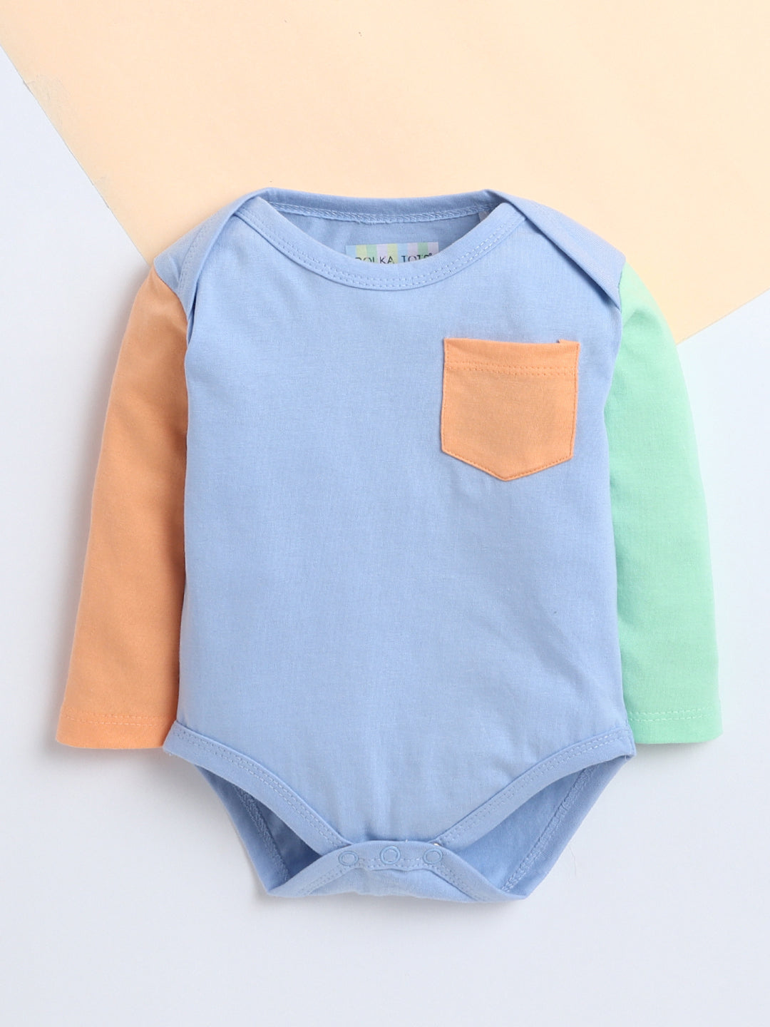 Polka Tots Pack of 3 Soft Cotton Full Sleeves Baby Onesies - Heart Applique, Colorblock Pocket & Cute Quote Prints (Multicolor)