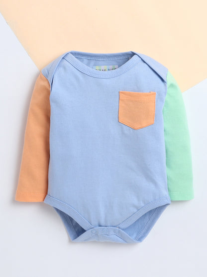 Polka Tots Pack of 3 Soft Cotton Full Sleeves Baby Onesies - Heart Applique, Colorblock Pocket & Cute Quote Prints (Multicolor)