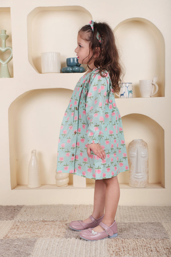 Polka Tots Full sleeve Floral print Frock with Headband - Aqua