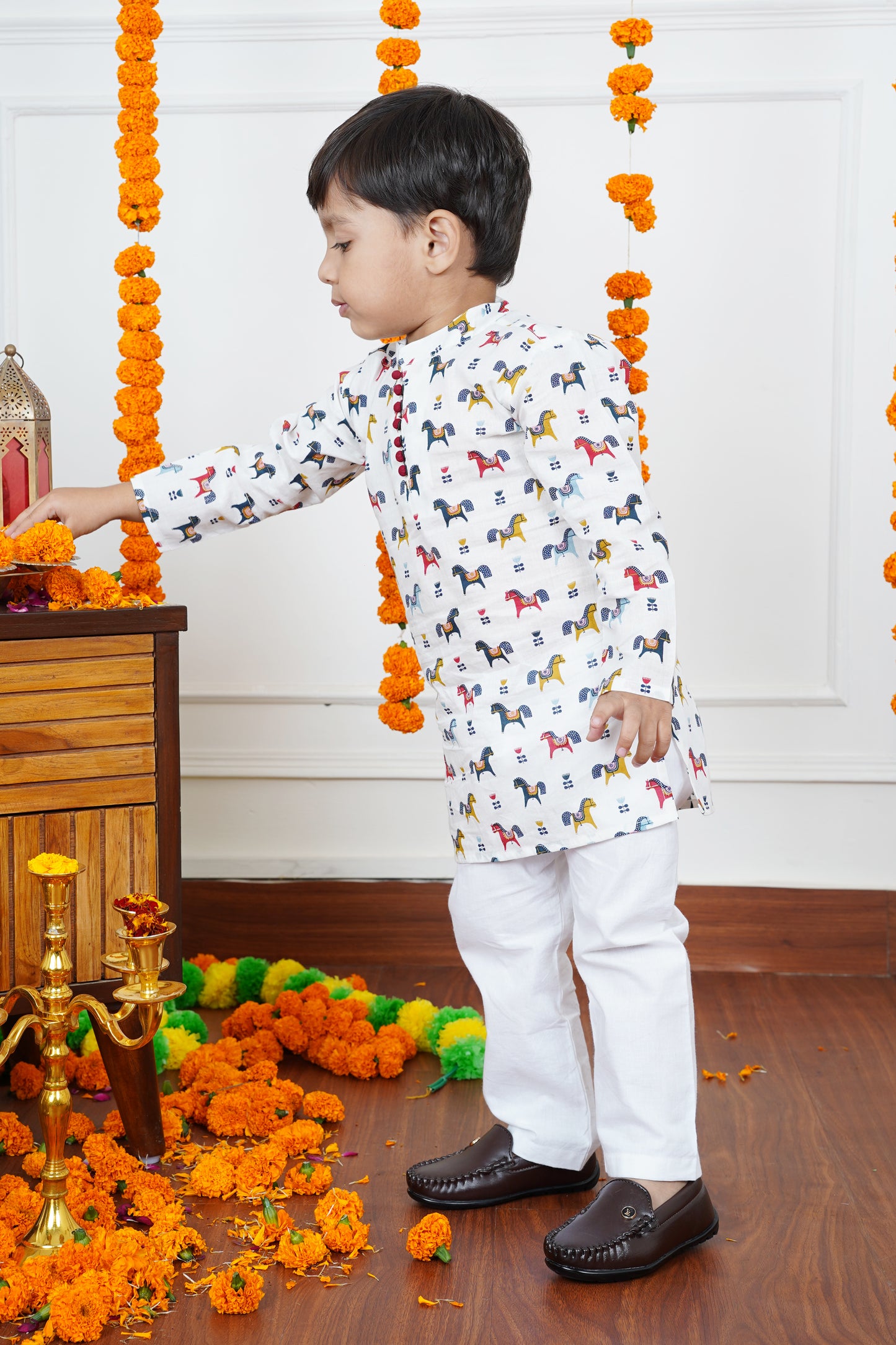 Polka Tots Full Sleeve Horse print Kurta Pyjama Set - Multicolor