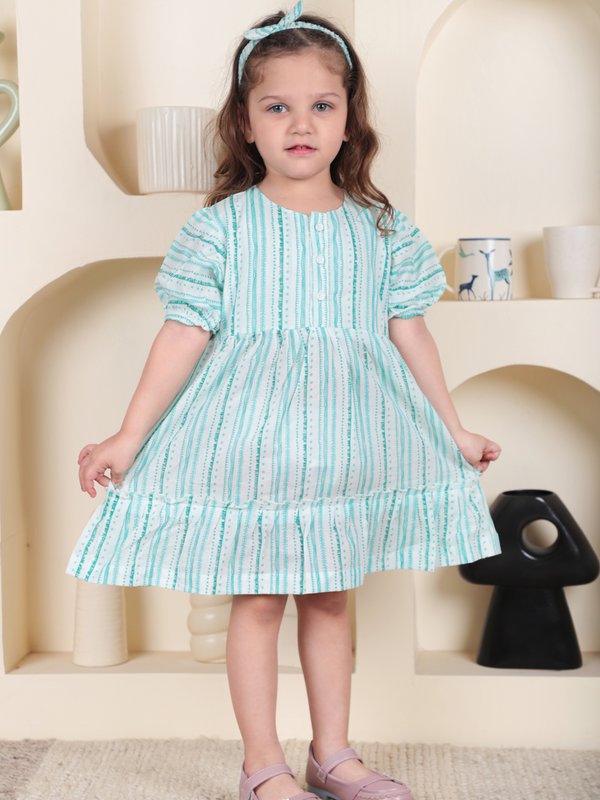 Polka Tots Half sleeve Stripe print Frock with Headband - Green