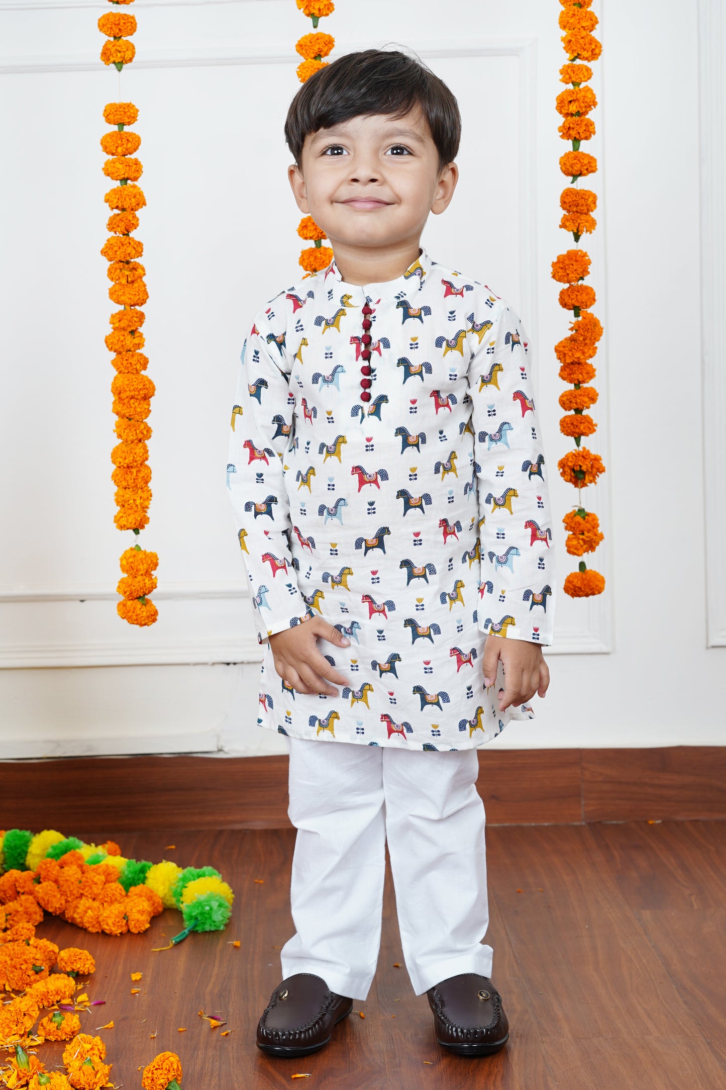 Polka Tots Full Sleeve Horse print Kurta Pyjama Set - Multicolor