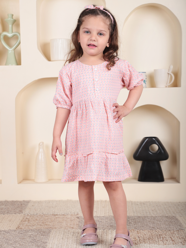 Polka Tots Half sleeve Zigzag print Frock with Headband - Peach