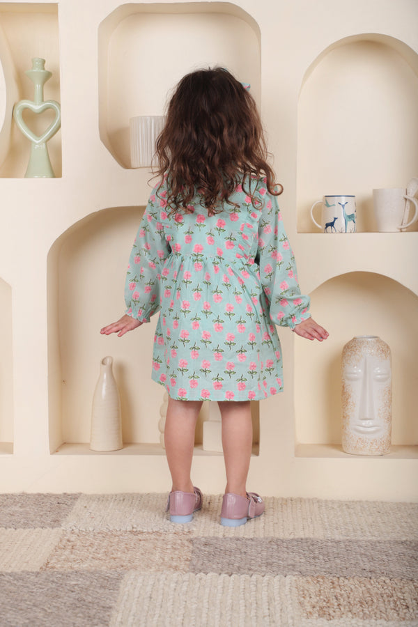 Polka Tots Full sleeve Floral print Frock with Headband - Aqua