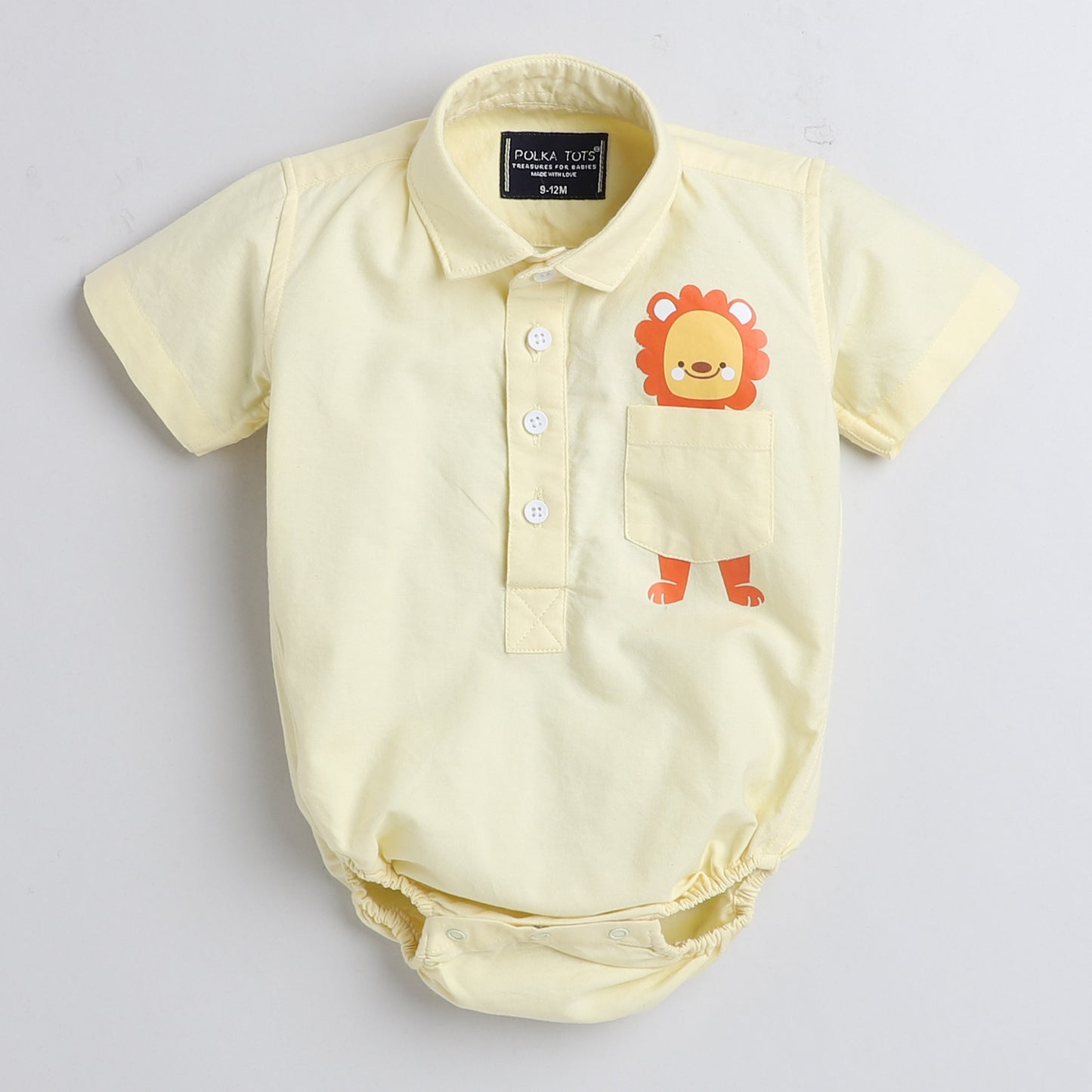 Polka Tots Half sleeve Shirt Romper With Pocket Lion Sticker - Yellow
