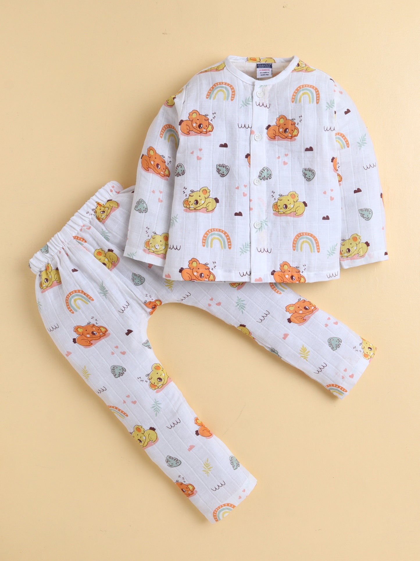 Polka Tots Muslin Cotton Sleeping Koala Print Jhabla & Pant Set