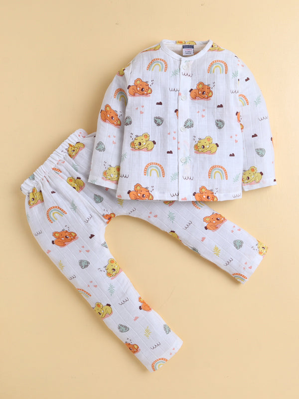 Polka Tots Muslin Cotton Sleeping Koala Print Jhabla & Pant Set