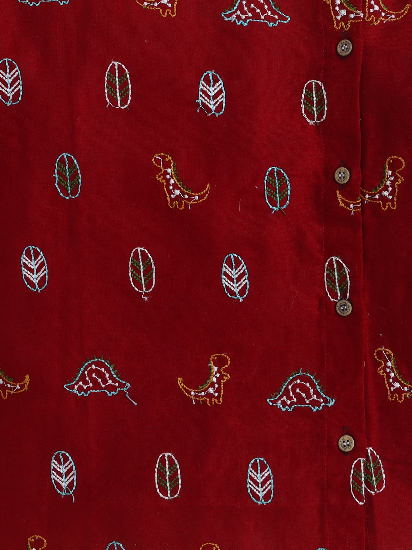 PolkaTots Full Sleeves Dinosuar & Leaf Embroidery Angrakha Top with Dhoti- Red
