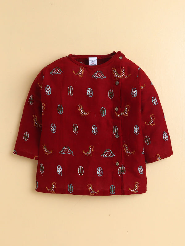 PolkaTots Full Sleeves Dinosuar & Leaf Embroidery Angrakha Top with Dhoti- Red