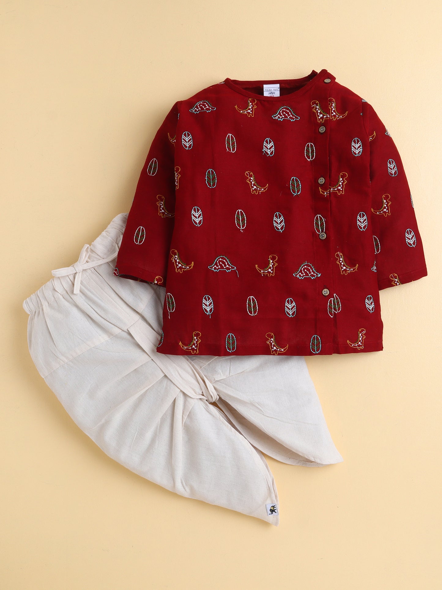PolkaTots Full Sleeves Dinosuar & Leaf Embroidery Angrakha Top with Dhoti- Red