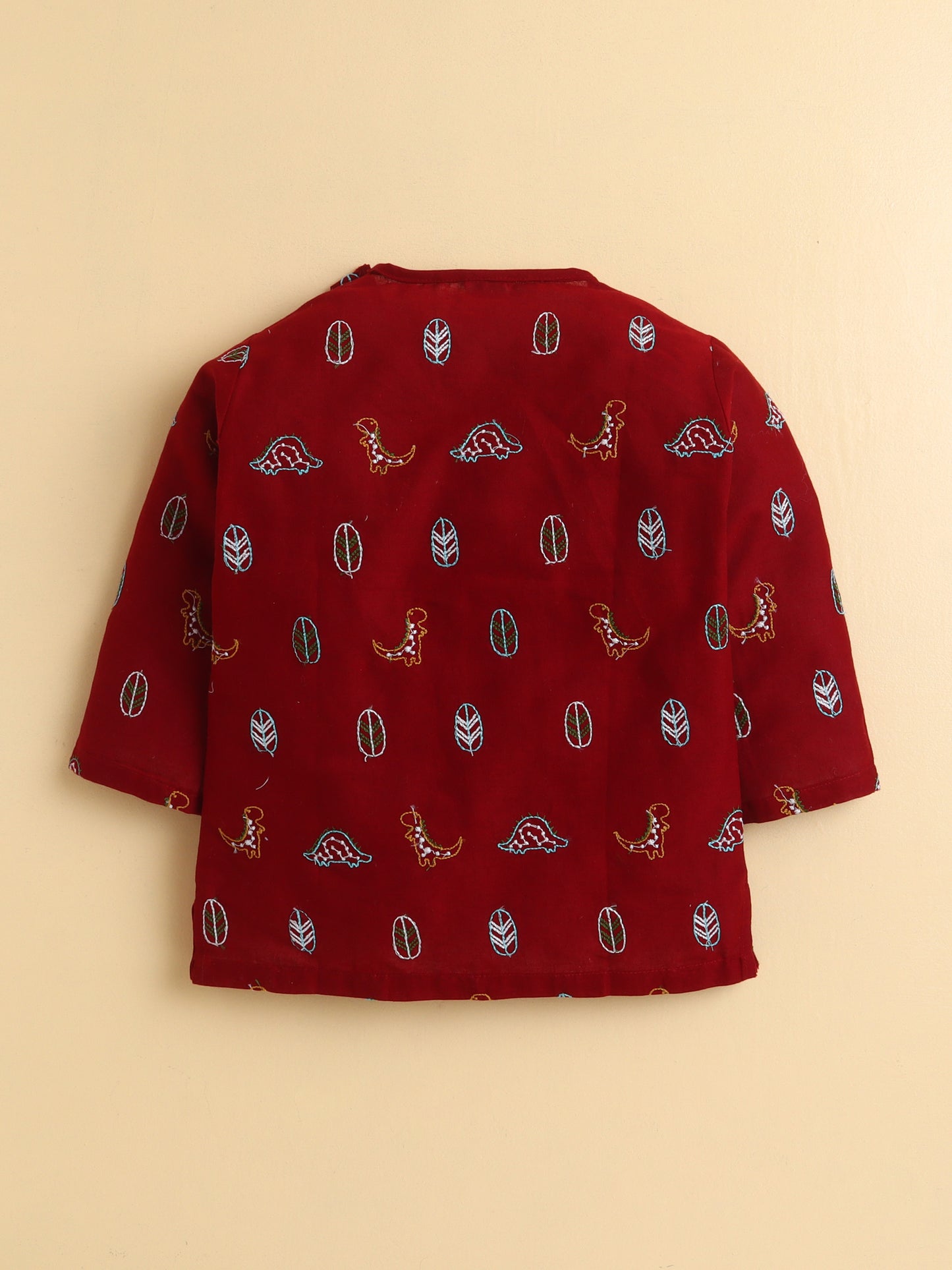 PolkaTots Full Sleeves Dinosuar & Leaf Embroidery Angrakha Top with Dhoti- Red