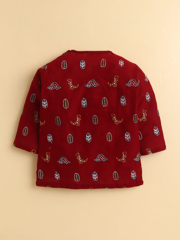 PolkaTots Full Sleeves Dinosuar & Leaf Embroidery Angrakha Top with Dhoti- Red