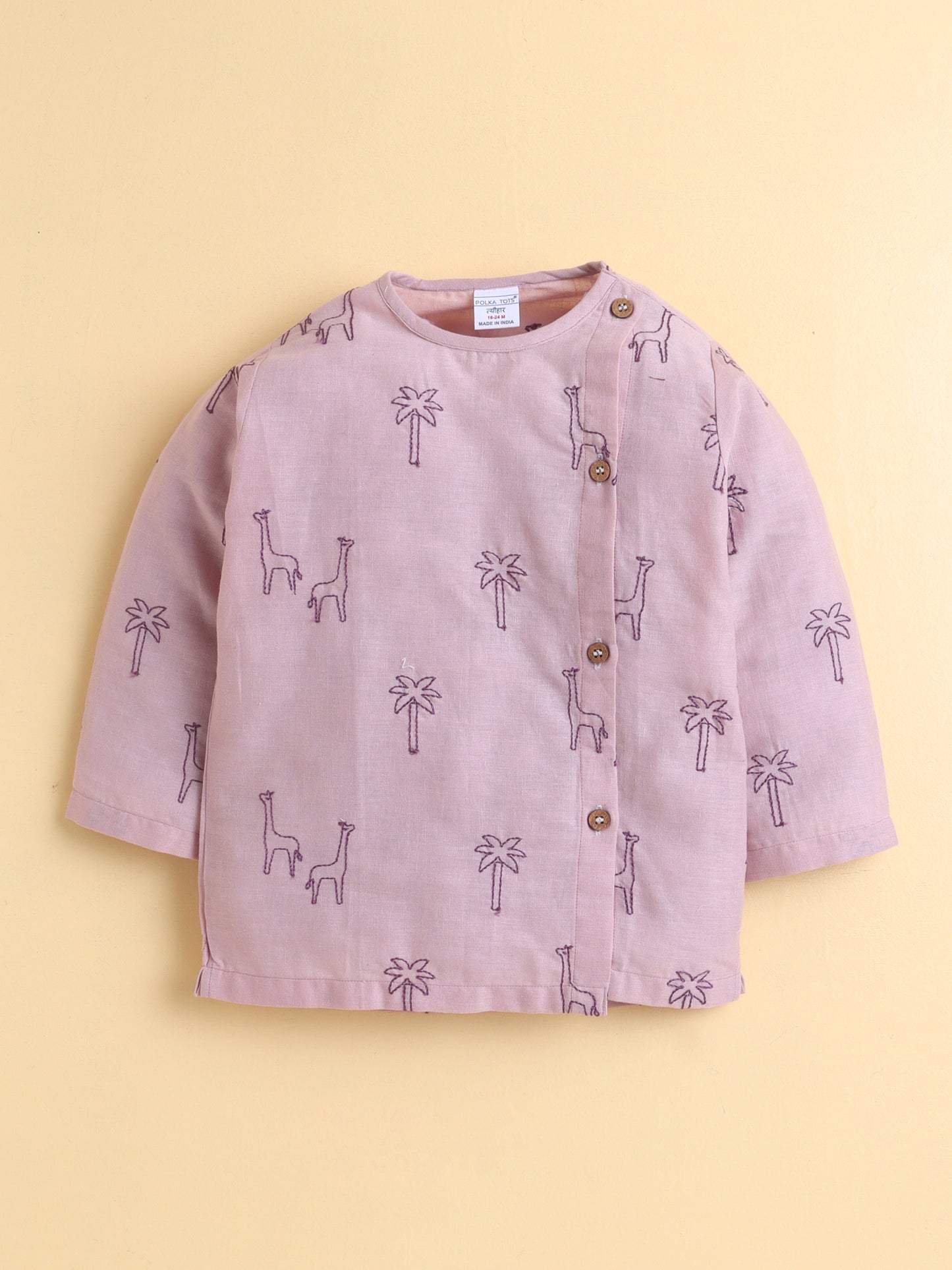 PolkaTots Full Sleeves Llama & Palm Tree Embroidery Angrakha Top with Dhoti- Purple