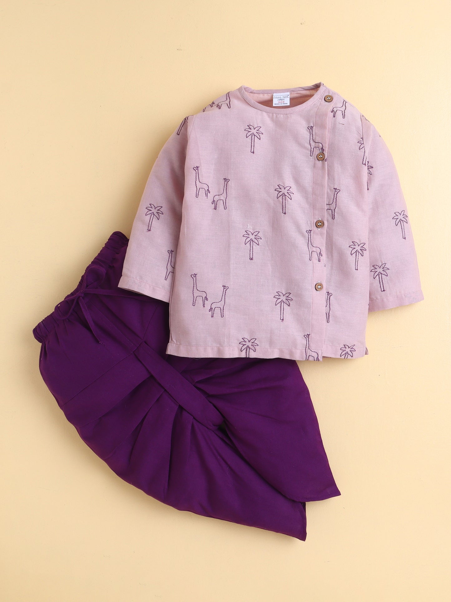 PolkaTots Full Sleeves Llama & Palm Tree Embroidery Angrakha Top with Dhoti- Purple