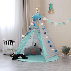 Kid’s Portable Teepee Tents with Cushion, Led Light and Non-Slip Padded Mat, Play Tent, Indoor & Outdoor Playhouse Tents for Childrens (Green Polka )