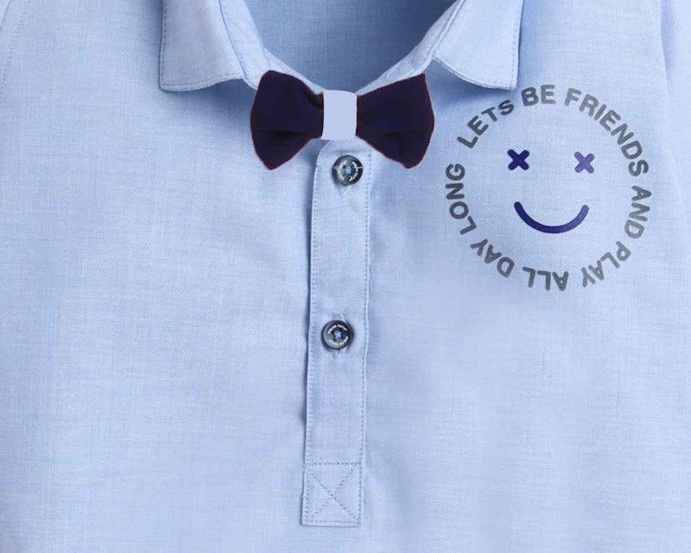 Polka Tots Full Sleeve Smile print Onesie with bow tie  - Blue