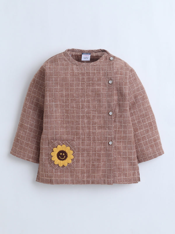 Polka Tots  Full-Sleeves Sunflower Patch Pocket  Jhabla & Pant Set - Brown