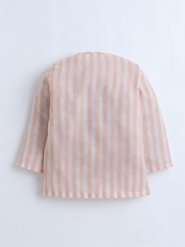 Polka Tots Full-Sleeves Striped with Lion Pocket Patch Jhabla and Pant Set - PEACH
