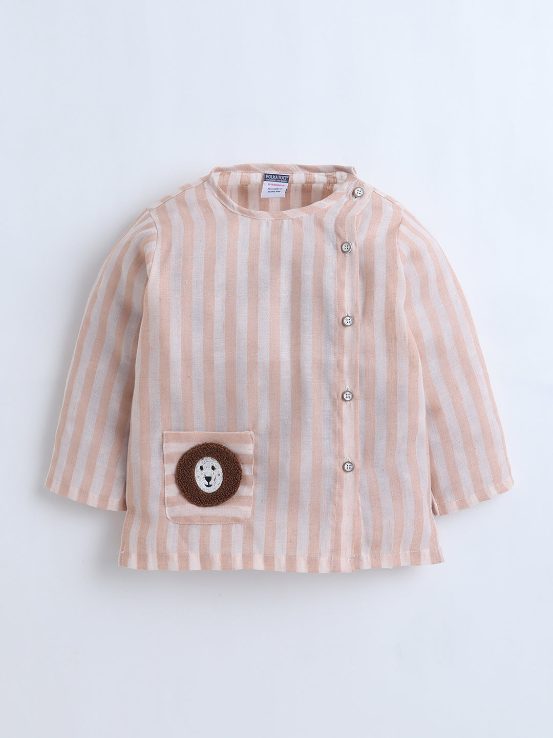 Polka Tots Full-Sleeves Striped with Lion Pocket Patch Jhabla and Pant Set - PEACH