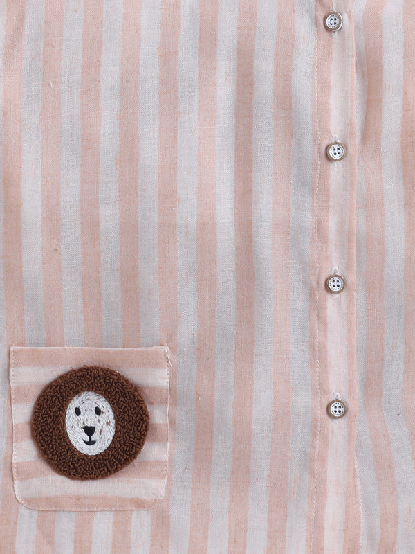 Polka Tots Full-Sleeves Striped with Lion Pocket Patch Jhabla and Pant Set - PEACH