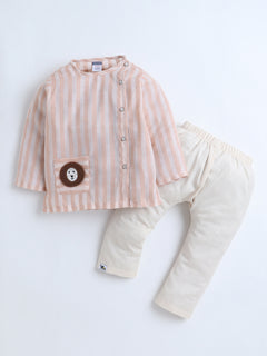 Polka Tots Full-Sleeves Striped with Lion Pocket Patch Jhabla and Pant Set - PEACH