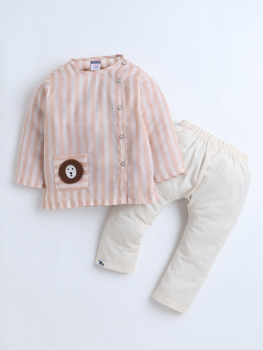Polka Tots Full-Sleeves Pink Beige Striped with Lion Pocket  Jhabla and Pant Set - OFF WHITE