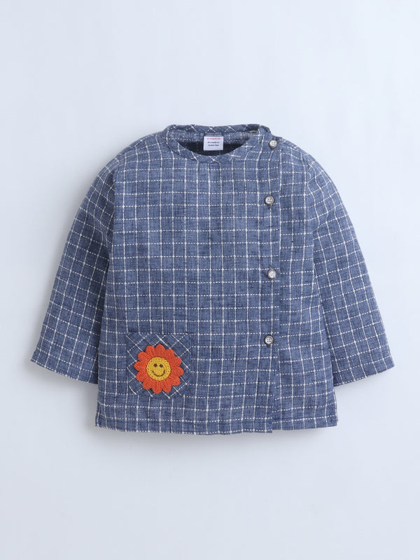 Polka Tots Full-Sleeves Sunflower Patch Pocket  Jhabla & Pant Set - Blue