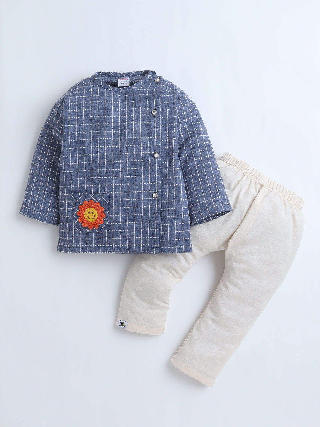 Polka Tots Full-Sleeves Sunflower Patch Pocket  Jhabla & Pant Set - Blue