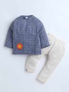 Polka Tots Full-Sleeves Sunflower Patch Pocket  Jhabla & Pant Set - Blue