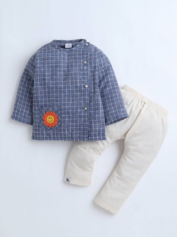 Polka Tots Full-Sleeves Sunflower Patch Pocket  Jhabla & Pant Set - Blue