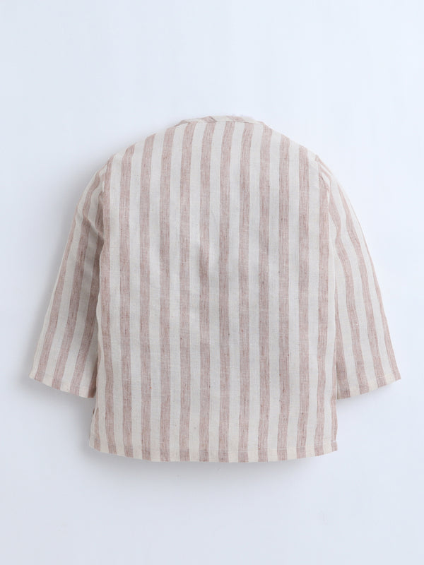 Polka Tots Full-Sleeves  Striped with Lion Pocket Patch Jhabla and Pant Set - Beige