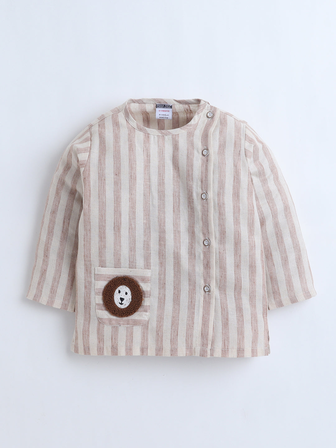 Polka Tots Full-Sleeves  Striped with Lion Pocket Patch Jhabla and Pant Set - Beige