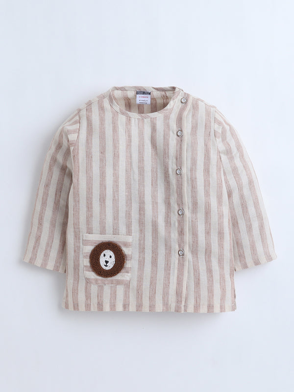 Polka Tots Full-Sleeves  Striped with Lion Pocket Patch Jhabla and Pant Set - Beige