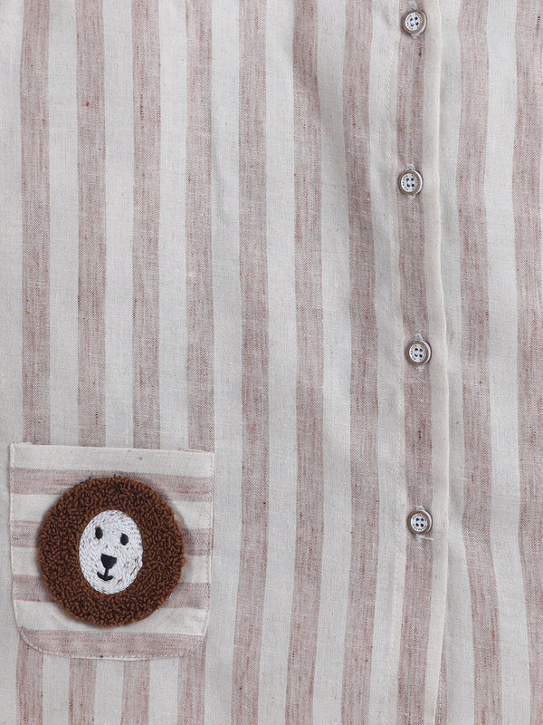 Polka Tots Full-Sleeves  Striped with Lion Pocket Patch Jhabla and Pant Set - Beige