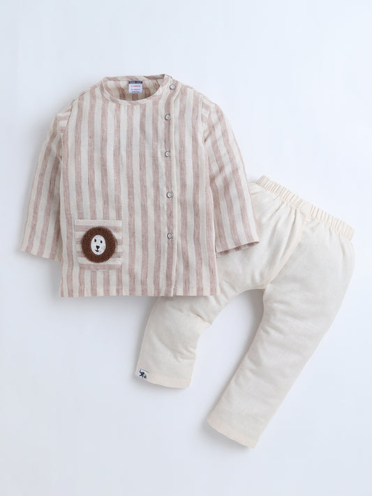 Polka Tots Full-Sleeves Beige Striped with Lion Pocket  Jhabla and Pant Set - OFF WHITE