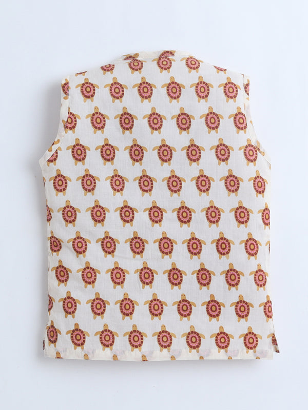 Polka Tots  Turtle  print Sleeveless Jhabla and Pant Set - Multicolor