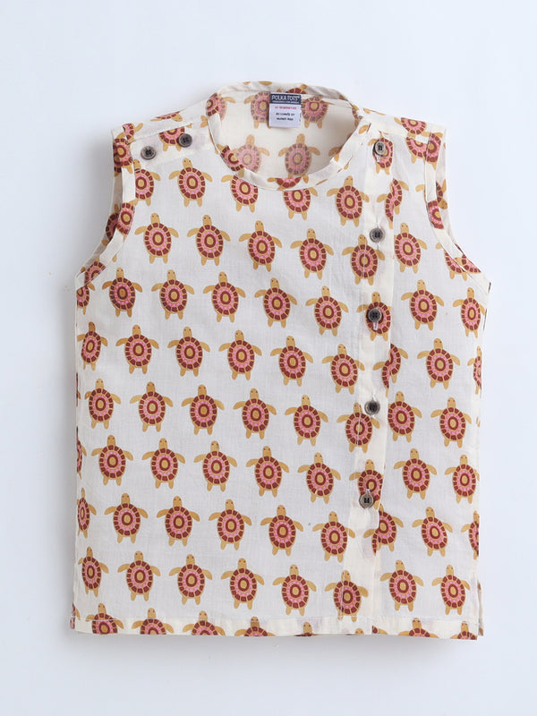 Polka Tots  Turtle  print Sleeveless Jhabla and Pant Set - Multicolor