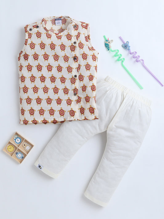 Polka Tots  Turtle  print Sleeveless Jhabla and Pant Set - Multicolor