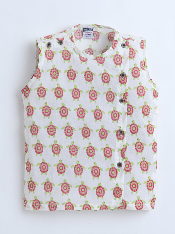 Polka Tots  Turtle  print Sleeveless Jhabla and Pant Set - Multicolor