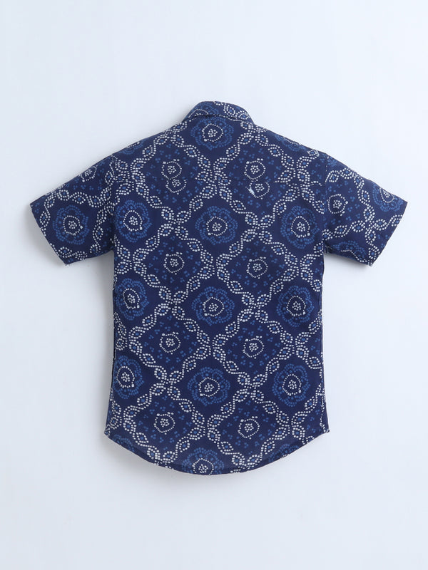 Polka Tots Half Sleeves Bandhani print Shirt - Blue