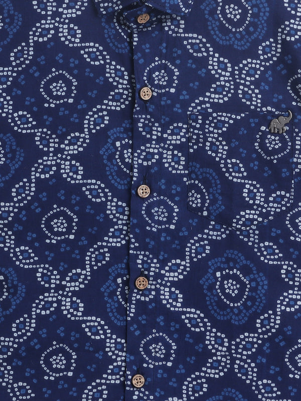 Polka Tots Half Sleeves Bandhani print Shirt - Blue