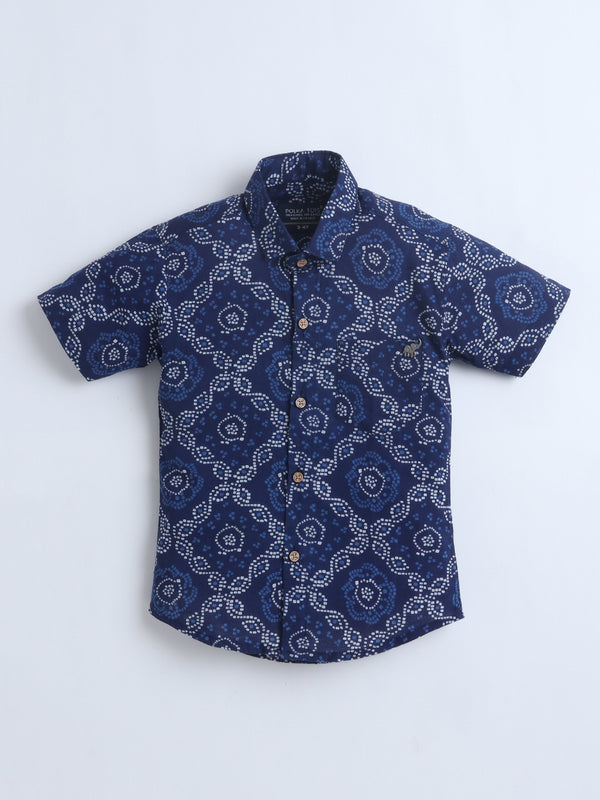 Polka Tots Half Sleeves Bandhani print Shirt - Blue