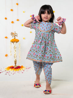 Polka Tots Girls Festive Kurta Dhoti- Blue