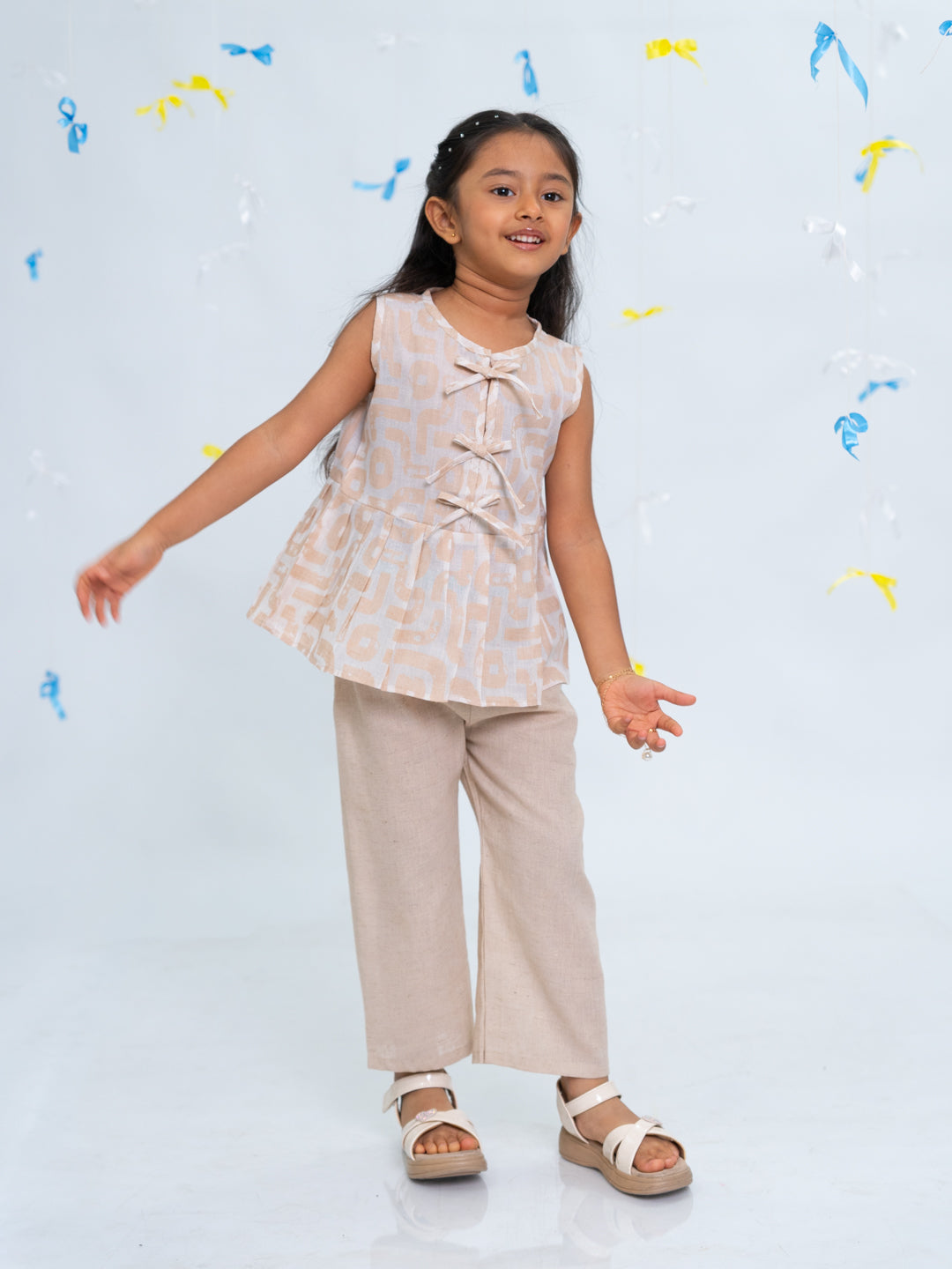 Polka Tots Sleeveless  Statement Bow Girls top & Bottom Set- Beige