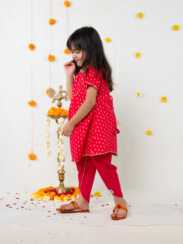 POLKA TOTS Girls Festive Golden Foil Print Kurta Dhoti Set  - PINK