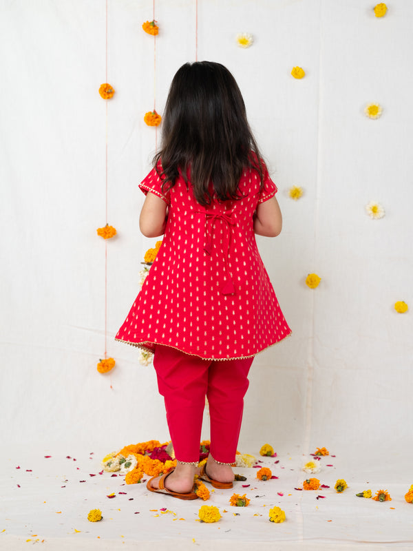 POLKA TOTS Girls Festive Golden Foil Print Kurta Dhoti Set  - PINK