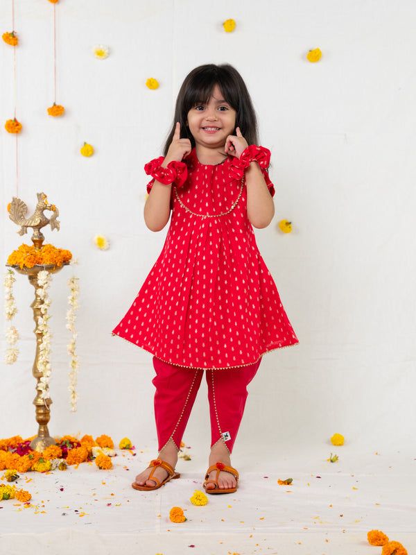 POLKA TOTS Girls Festive Golden Foil Print Kurta Dhoti Set  - PINK
